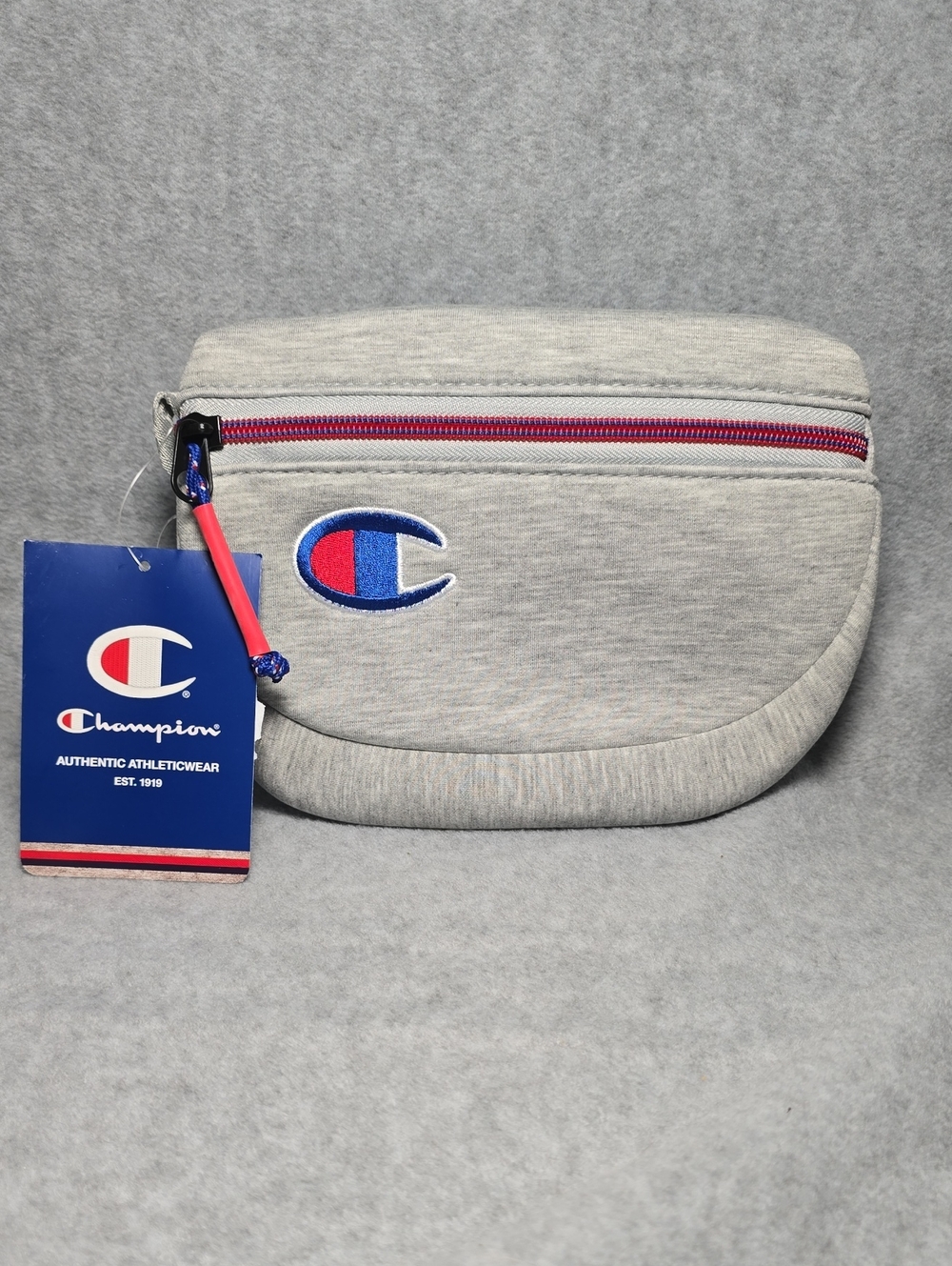 Champion Attribute Light Gray Unisex Waist Pack with Blue and Red Logo